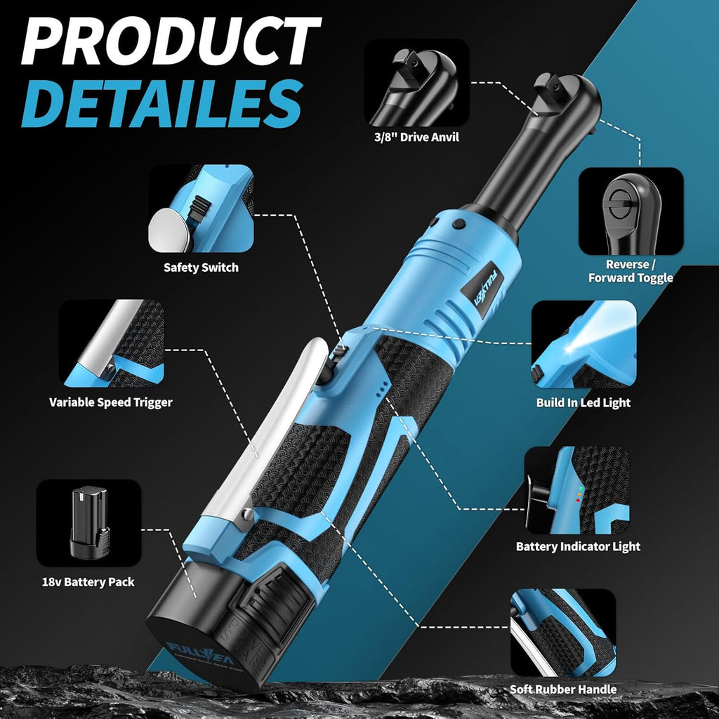 18V Cordless Electric Ratchet Wrench Kit 3/8 Inch Drive With Two Batteries