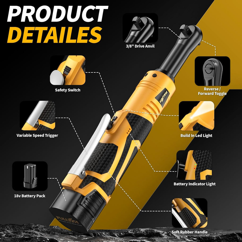 18V Cordless Electric Ratchet Wrench Kit 3/8 Inch Drive With Two Batteries Yellow