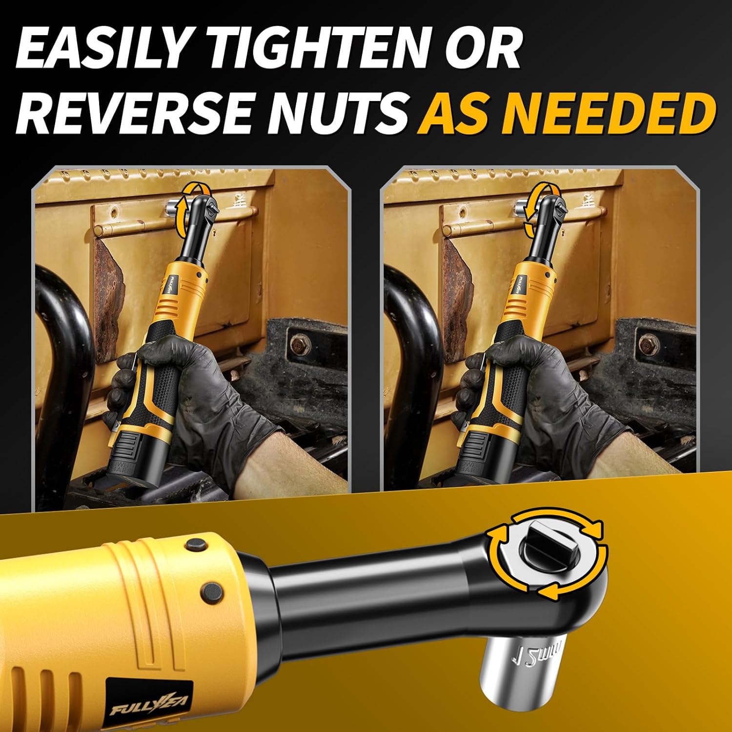 18V Cordless Electric Ratchet Wrench Kit 3/8 Inch Drive With Two Batteries Yellow