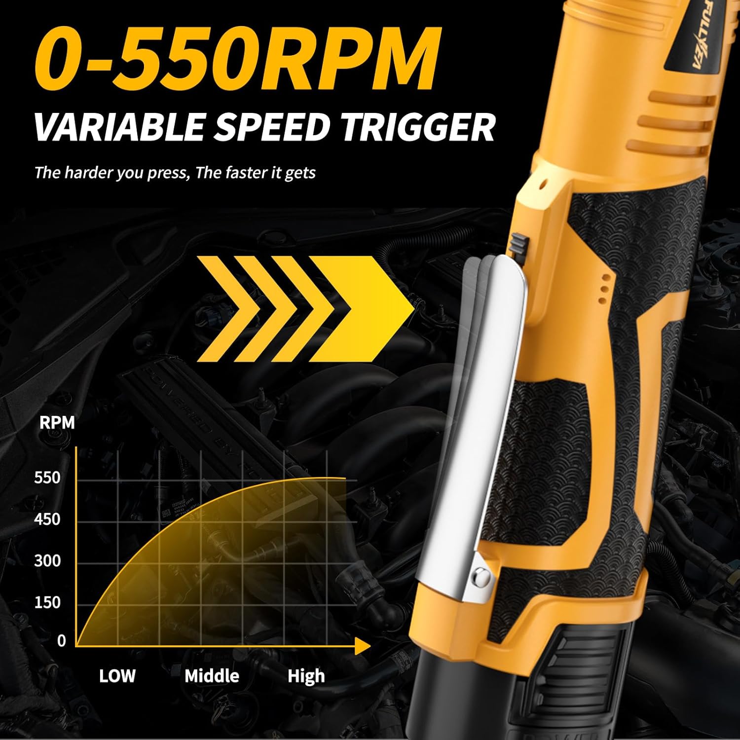 18V Cordless Electric Ratchet Wrench Kit 3/8 Inch Drive With Two Batteries Yellow