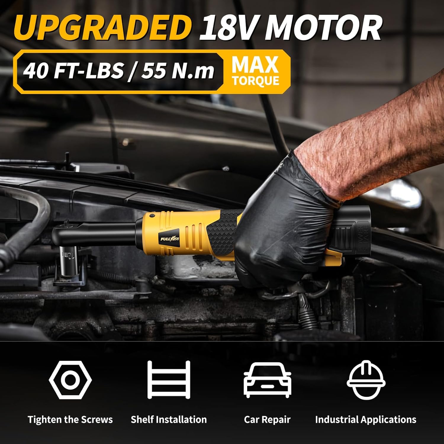 18V Cordless Electric Ratchet Wrench Kit 3/8 Inch Drive With Two Batteries Yellow