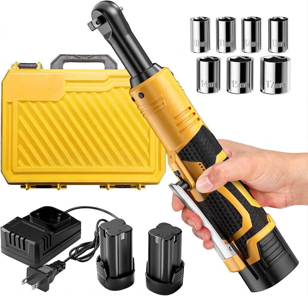 18V Cordless Electric Ratchet Wrench Kit 3/8 Inch Drive With Two Batteries Yellow