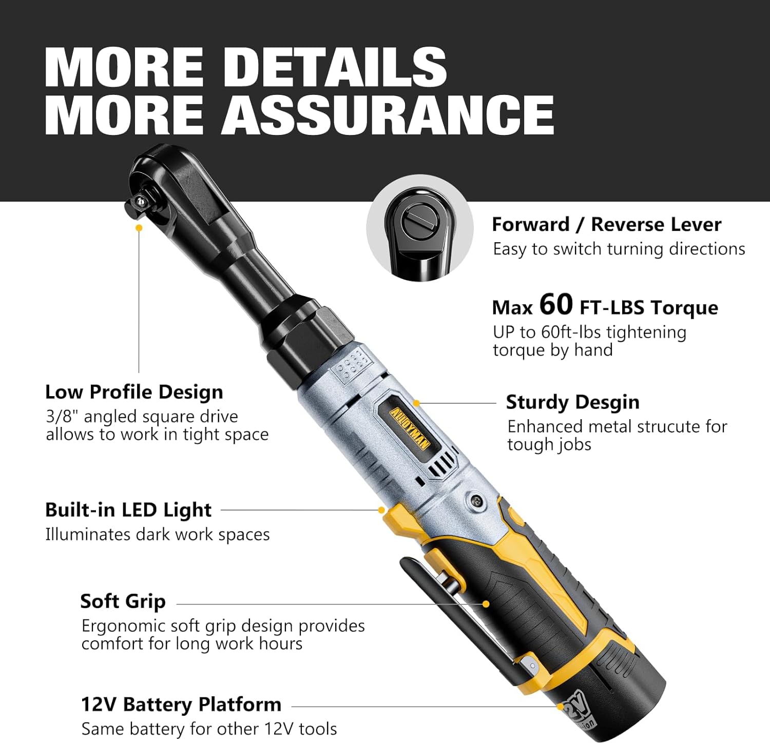 12V Cordless Electric Ratchet Wrench Kit 3/8 Inch Drive 60 Ft Lbs With Two Batteries