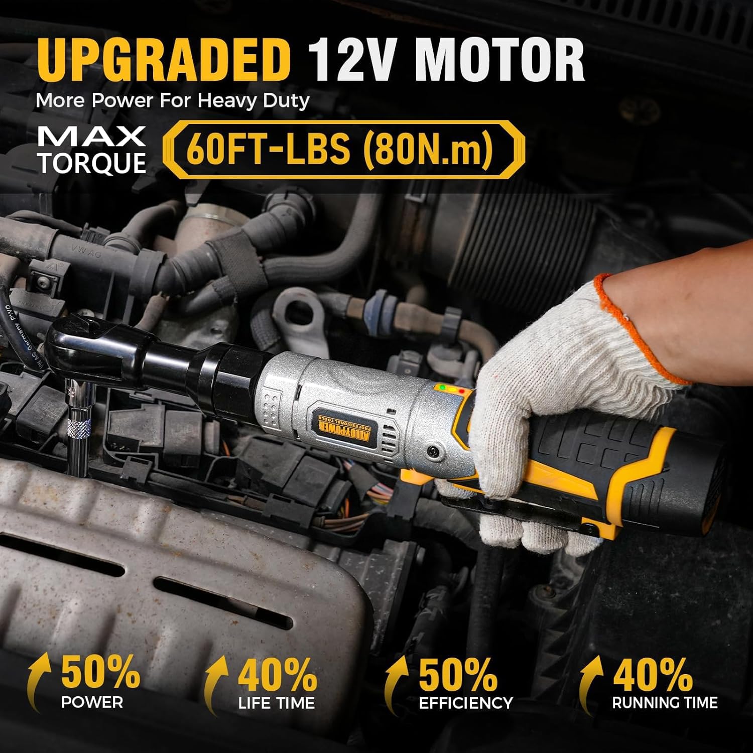 12V Cordless Electric Ratchet Wrench Kit 3/8 Inch Drive 60 Ft Lbs With Two Batteries