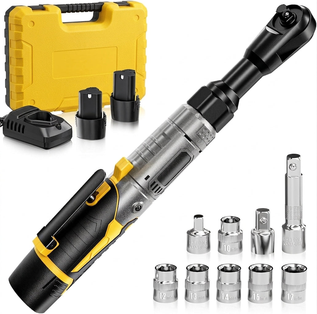 12V Cordless Electric Ratchet Wrench Kit 3/8 Inch Drive 60 Ft Lbs With Two Batteries