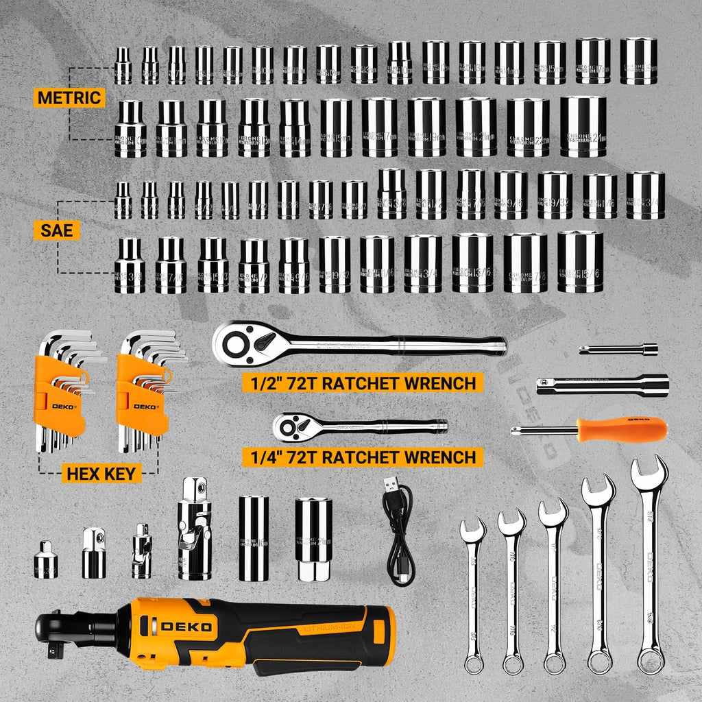 8V Cordless Electric Ratchet Wrench Kit 3/8 Inch Drive With 74 Piece Socket Tool Set