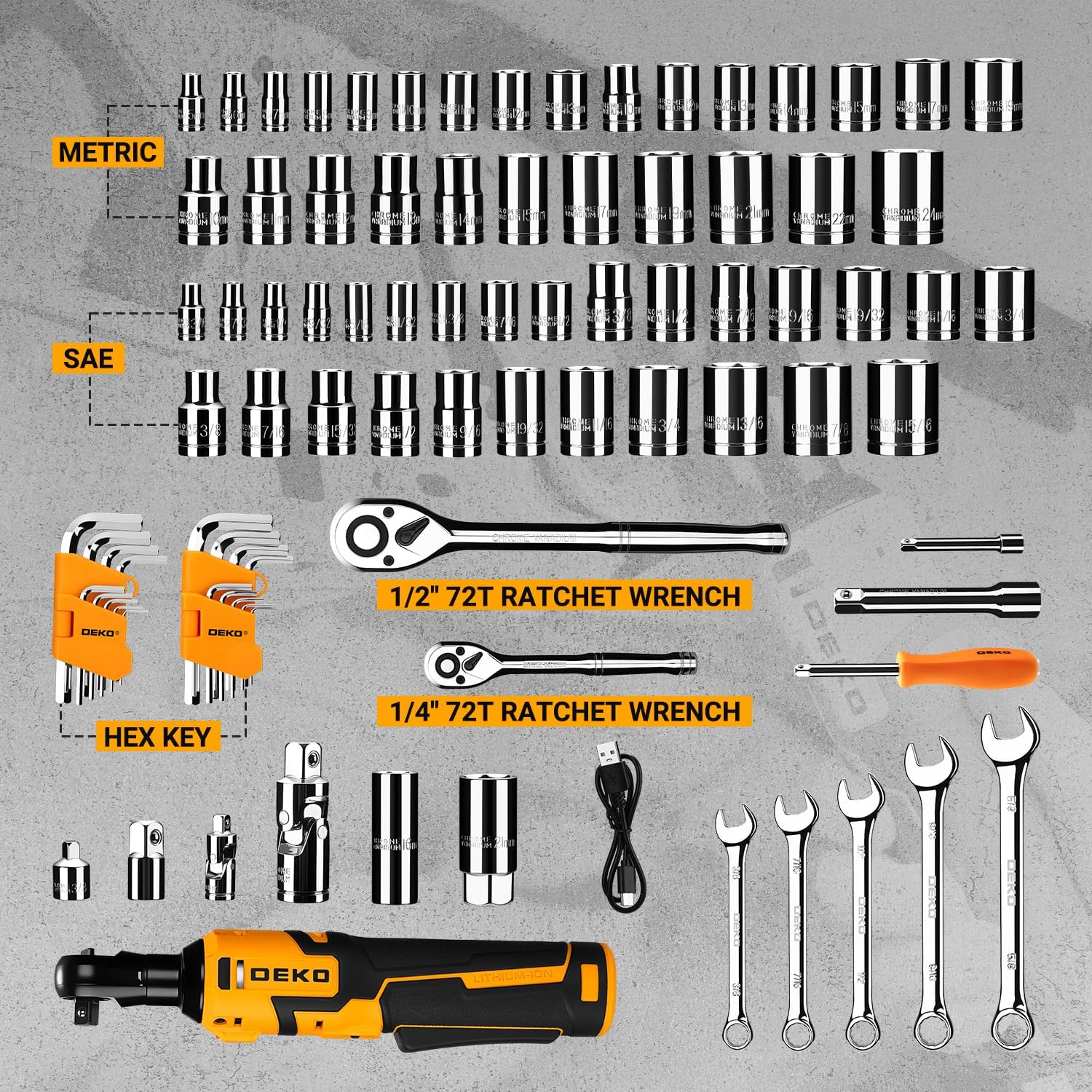8V Cordless Electric Ratchet Wrench Kit 3/8 Inch Drive With 74 Piece Socket Tool Set
