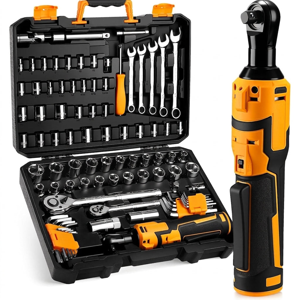 8V Cordless Electric Ratchet Wrench Kit 3/8 Inch Drive With 74 Piece Socket Tool Set