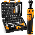 8V Cordless Electric Ratchet Wrench Kit 3/8 Inch Drive With 74 Piece Socket Tool Set