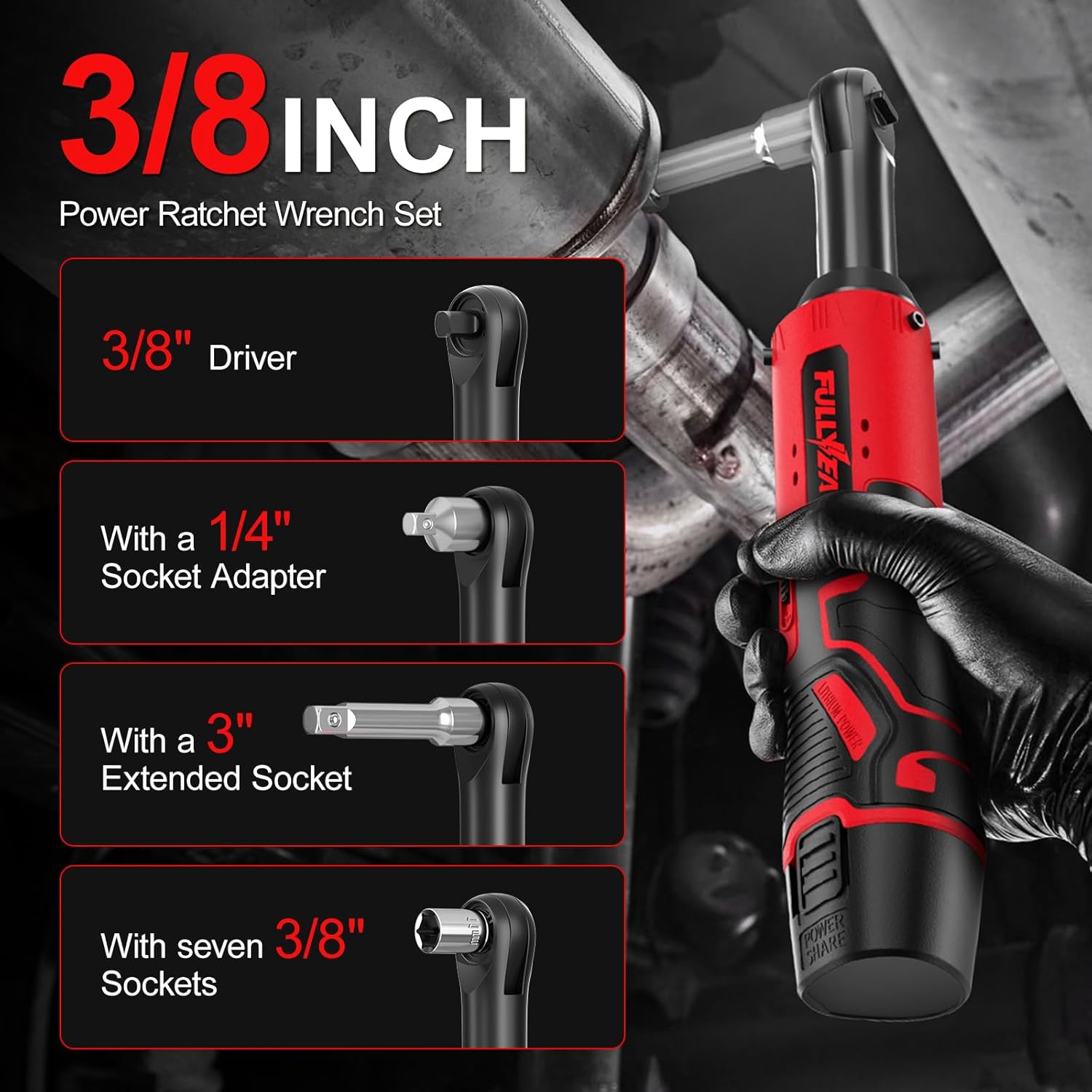 12V Cordless Electric Ratchet Wrench Kit 3/8 Inch Drive With Two Batteries And Sockets