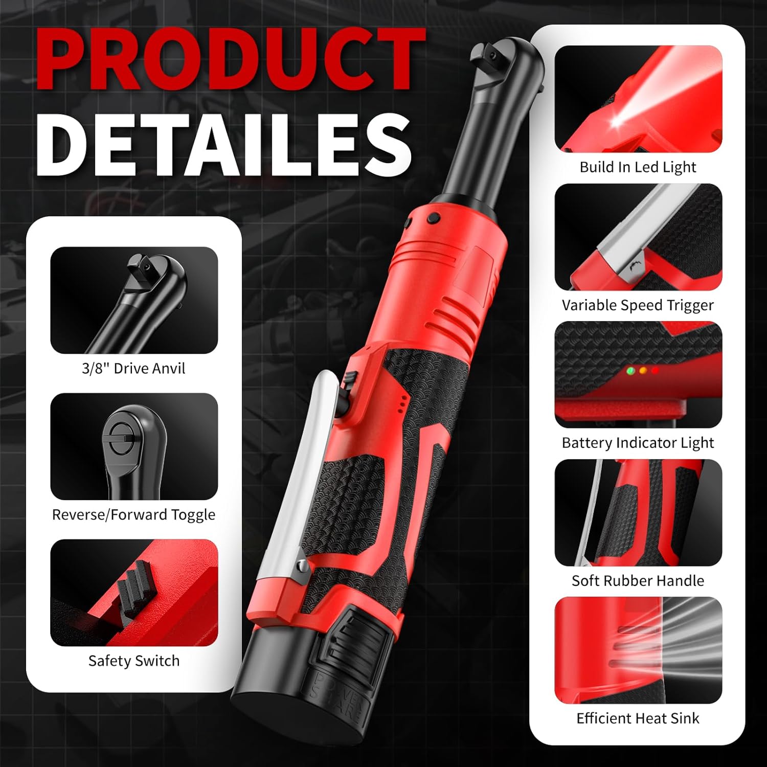 16.8V Cordless Electric Ratchet Wrench Kit 3/8 Inch Drive With Two Batteries